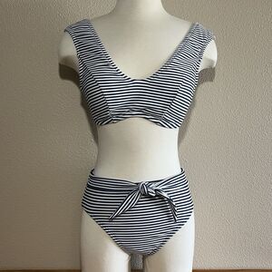 Striped Bikini S-M White Navy High Waist Costal Nautical Retro Swim Resort Wear